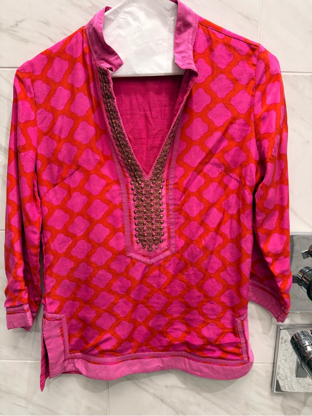 Pink & Red Embellished V-Neck Silk Tunic Top